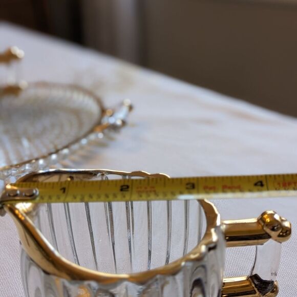 Vintage Jeannette Glass Creamer Sugar Bowl & Tray Set Ribbed Gold Hobnail MCM - Picture 7 of 16